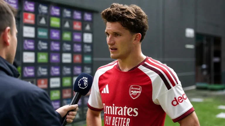 Christos Tzolis van Arsenal spreekt na een wedstrijd in zijn rood-witte wedstrijdshirt.