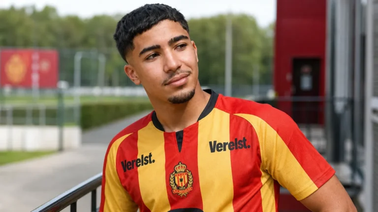Moncef Zekri in het rood-geel gestreepte tenue van KV Mechelen aan een voetbalcomplex.