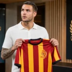 Mike Eerdhuijzen poseert met een KV Mechelen-shirt tijdens zijn officiële voorstelling.