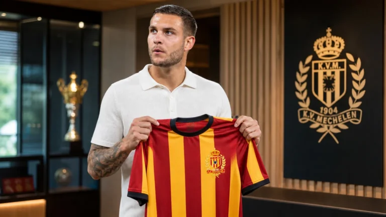 Mike Eerdhuijzen poseert met een KV Mechelen-shirt tijdens zijn officiële voorstelling.