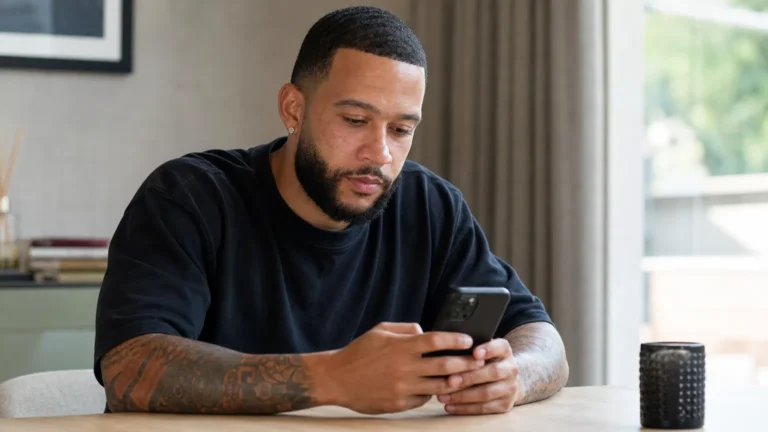 Memphis Depay kijkt op zijn smartphone terwijl hij een verklaring voorbereidt.