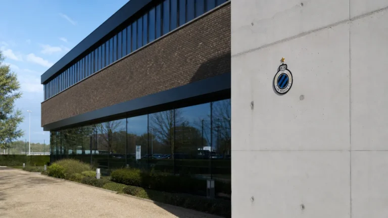 De buitenzijde van een Club Brugge-clubgebouw met een discreet clubembleem.