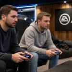 Twee gamers spelen EA FC in een lounge met een discreet EA FC-wandbord.