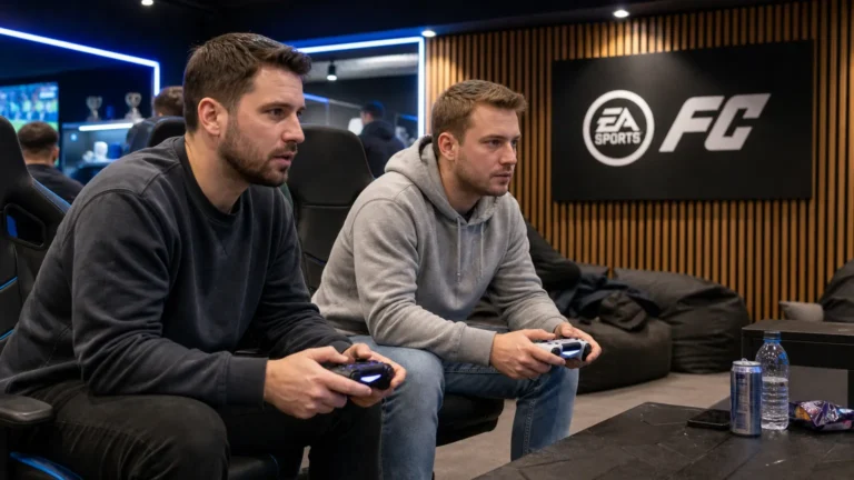 Twee gamers spelen EA FC in een lounge met een discreet EA FC-wandbord.