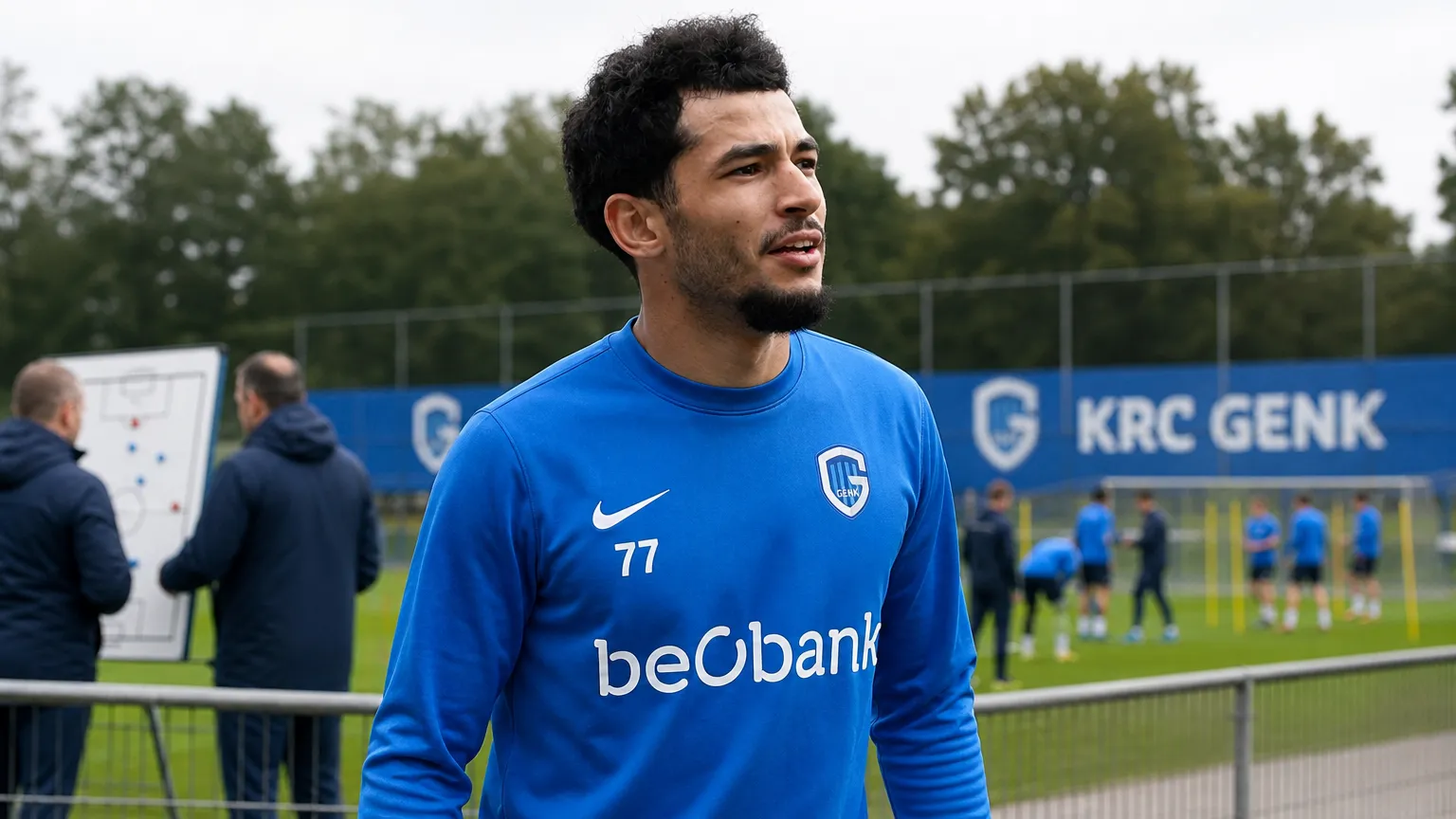 KRC Genk-trainingcomplex met een voetballer en clubomgeving