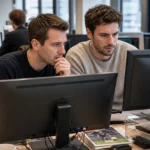 Twee redacteurs bekijken in een sportredactie een voetbalbericht op hun schermen.
