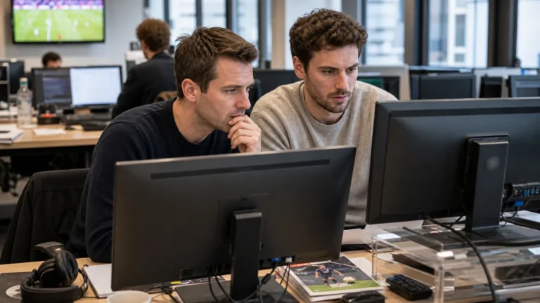 Twee redacteurs bekijken in een sportredactie een voetbalbericht op hun schermen.