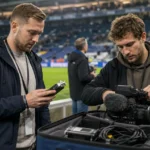 Journalisten in de mixed zone naast een voetbalveld na afloop van een wedstrijd