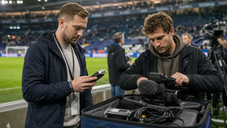 Journalisten in de mixed zone naast een voetbalveld na afloop van een wedstrijd