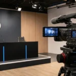 Een Club Brugge-mediastudio met opnamecamera en een subtiel clubembleem aan de wand.