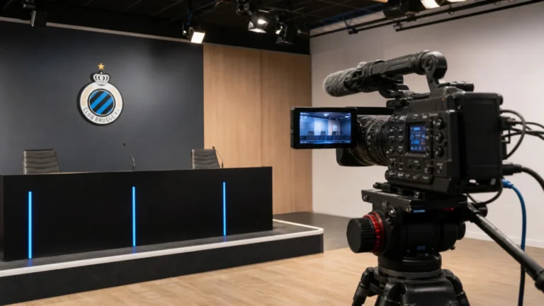 Een Club Brugge-mediastudio met opnamecamera en een subtiel clubembleem aan de wand.