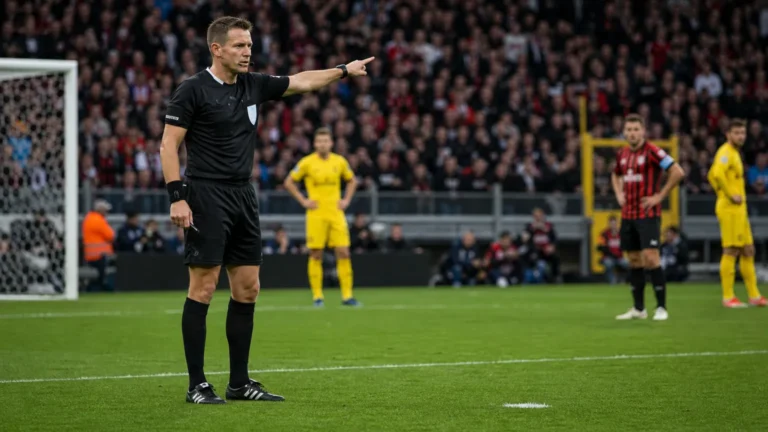 Een scheidsrechter wijst op het strafschoppunt tijdens een voetbalwedstrijd.
