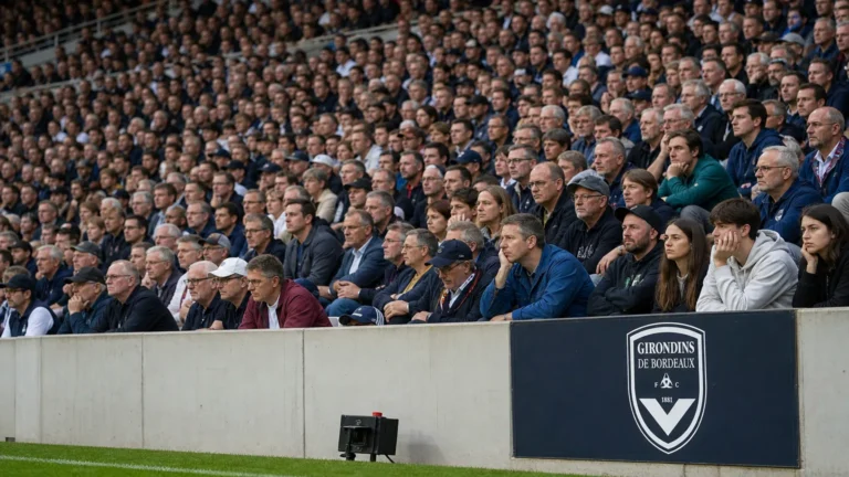 Supporters in een stadiontribune naast een vast Bordeaux-clubbanner.