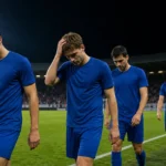 Genkse spelers stappen na afloop teleurgesteld over het veld.