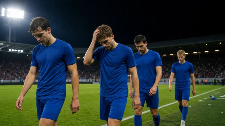 Genkse spelers stappen na afloop teleurgesteld over het veld.