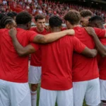 Voetballers in rode shirts vormen een hechte kring op het veld.
