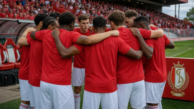 Voetballers in rode shirts vormen een hechte kring op het veld.