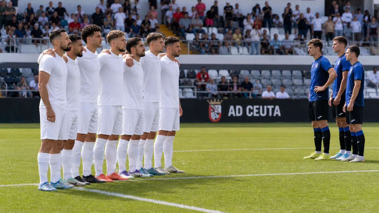 Spelers van AD Ceuta staan schouder aan schouder bij de aftrap in het Murube-stadion.