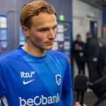 Matte Smets van KRC Genk tijdens een interview na de wedstrijd.