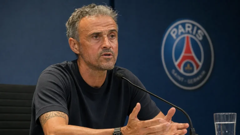 Luis Enrique spreekt de pers toe in een persruimte van Paris Saint-Germain.