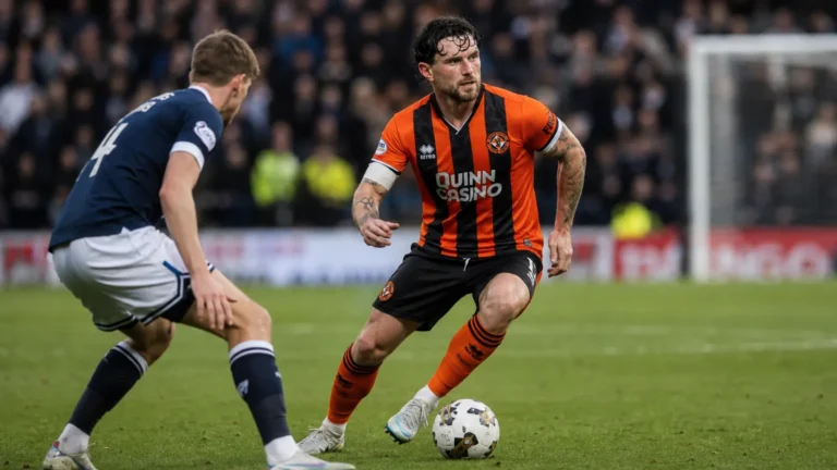 Will Ferry in het oranje Dundee United-tenue tijdens een wedstrijdmoment.