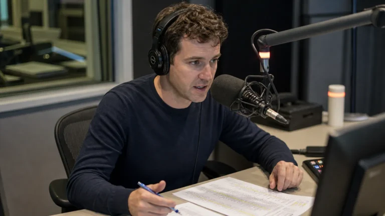 Een radiopresentator spreekt in een voetbalstudio naast een microfoon en notities.