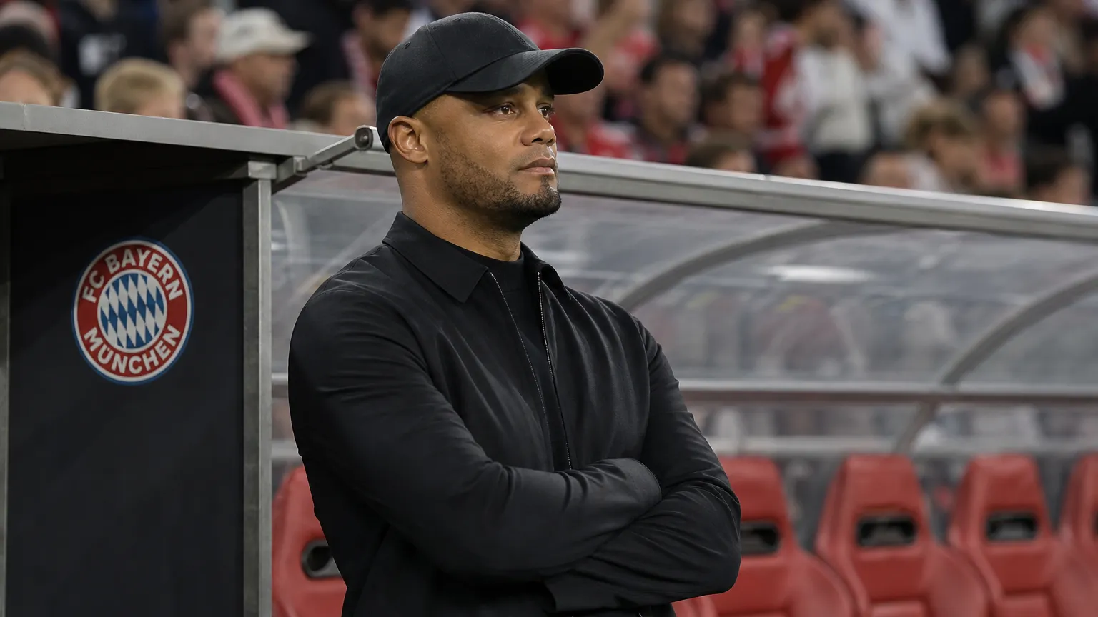 Vincent Kompany staat geconcentreerd langs de zijlijn bij een wedstrijd van Bayern München.