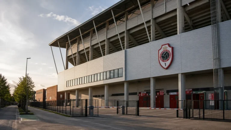 Buitenzijde van het stadioncomplex van Royal Antwerp FC in de late namiddag.