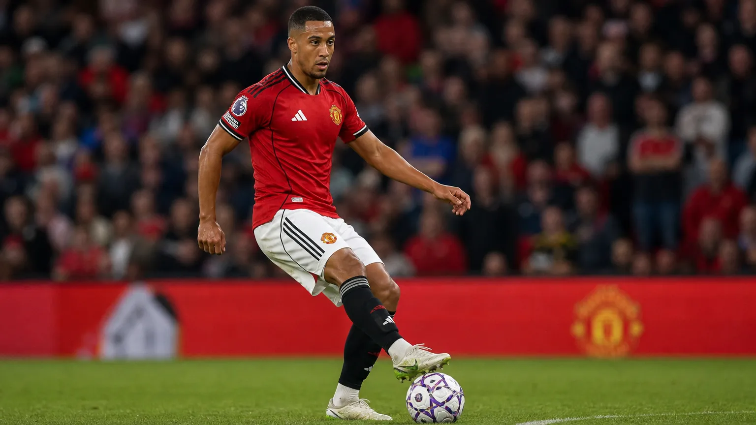 Youri Tielemans in het tenue van Manchester United tijdens een wedstrijdmoment.