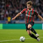Thomas Claes van Zulte Waregem zet aan voor een doelpoging in het strafschopgebied.