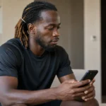 Parfait Guiagon kijkt in een rustige binnenruimte naar zijn smartphone.