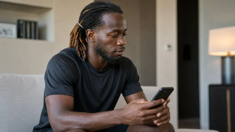 Parfait Guiagon kijkt in een rustige binnenruimte naar zijn smartphone.