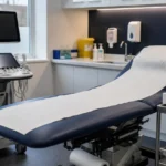 Een voorbereide sportmedische onderzoeksruimte in Noord-Londen met onderzoeksmateriaal.