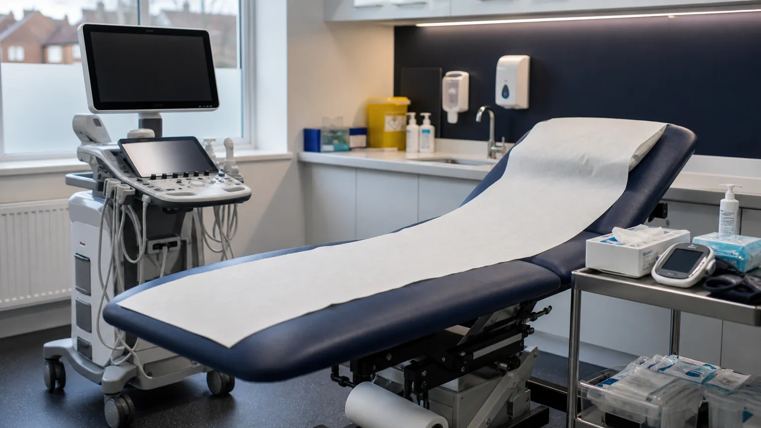 Een voorbereide sportmedische onderzoeksruimte in Noord-Londen met onderzoeksmateriaal.