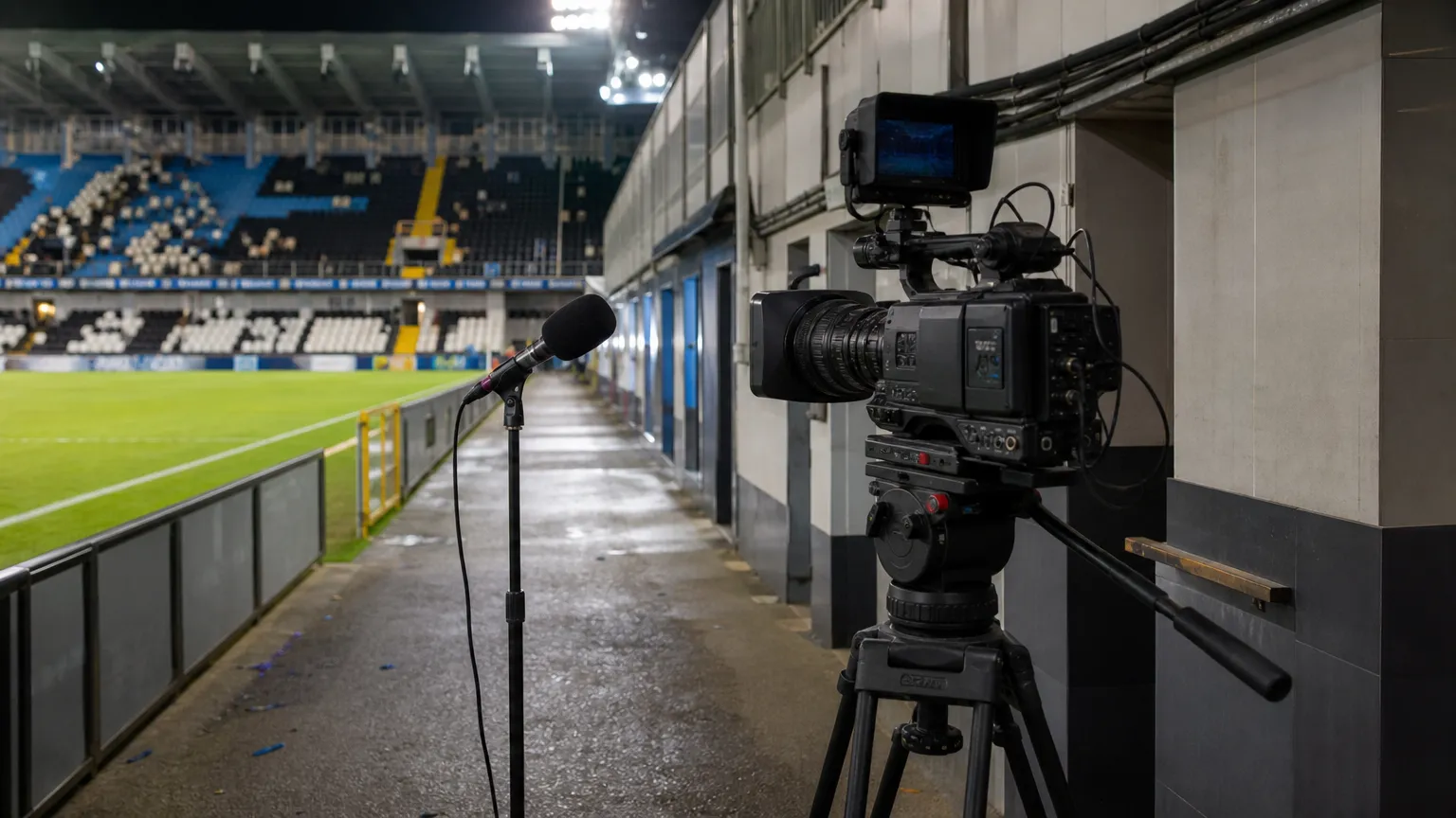 Een televisiecamera en microfoon in de mixed zone van een voetbalstadion.