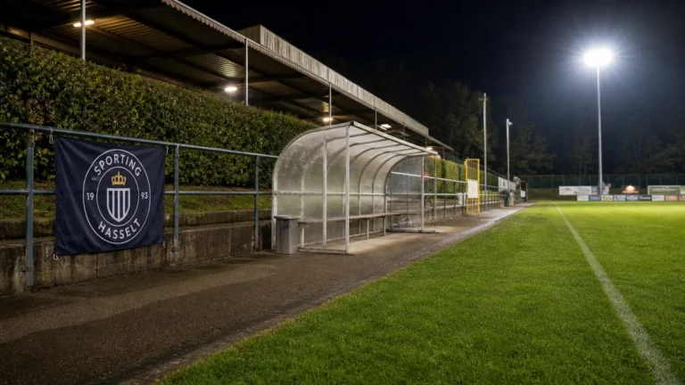 Een verlicht voetbalveld in een klein stadion na het laatste fluitsignaal, met een Sporting Hasselt-vlag langs de zijlijn.