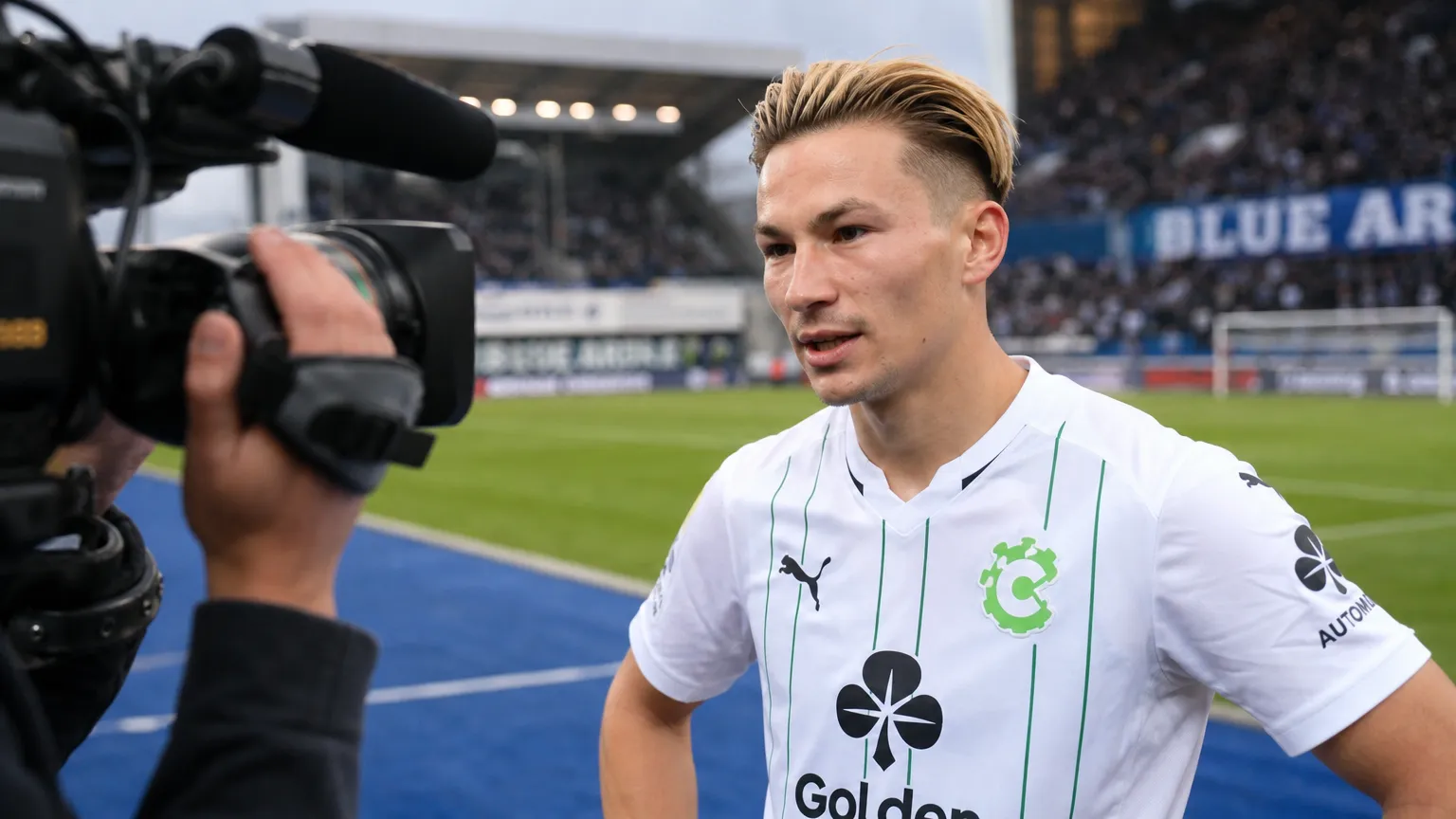 Christiaan Ravych geeft na de derby een interview aan de rand van het veld.