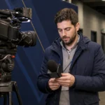Een televisiecamera en microfoon in een rustige interviewzone na een voetbalwedstrijd.