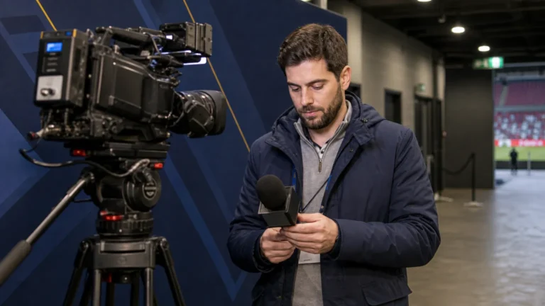 Een televisiecamera en microfoon in een rustige interviewzone na een voetbalwedstrijd.