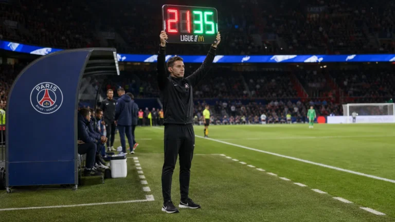 Een vierde official houdt een wisselbord omhoog naast de PSG-dug-out tijdens een Ligue 1-wedstrijd.
