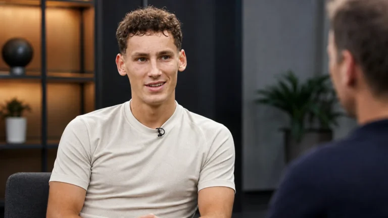 Ruben van Bommel tijdens een televisie-interview in neutrale kleding.