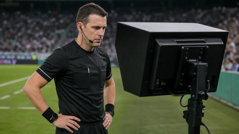 Een scheidsrechter bekijkt een VAR-monitor naast de zijlijn tijdens een voetbalwedstrijd.
