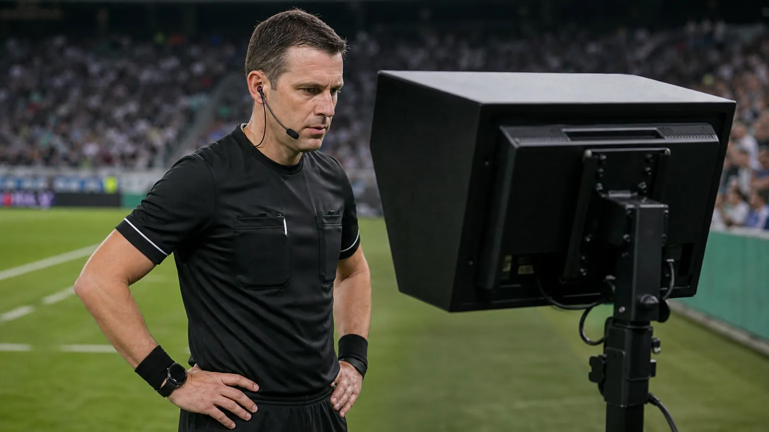 Een scheidsrechter bekijkt een VAR-monitor naast de zijlijn tijdens een voetbalwedstrijd.