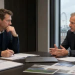 Twee voetbalbestuurders in een neutrale vergaderruimte in Londen tijdens een overleg.