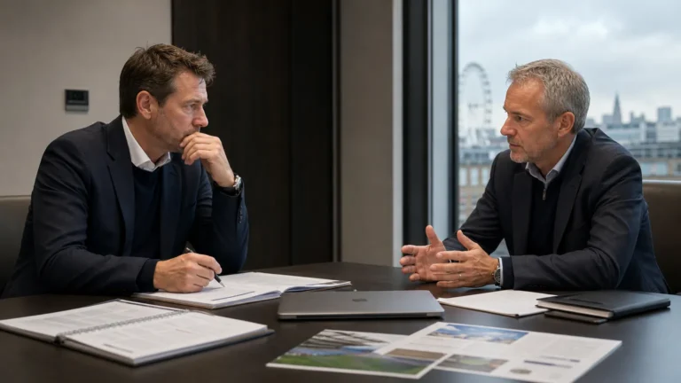 Twee voetbalbestuurders in een neutrale vergaderruimte in Londen tijdens een overleg.