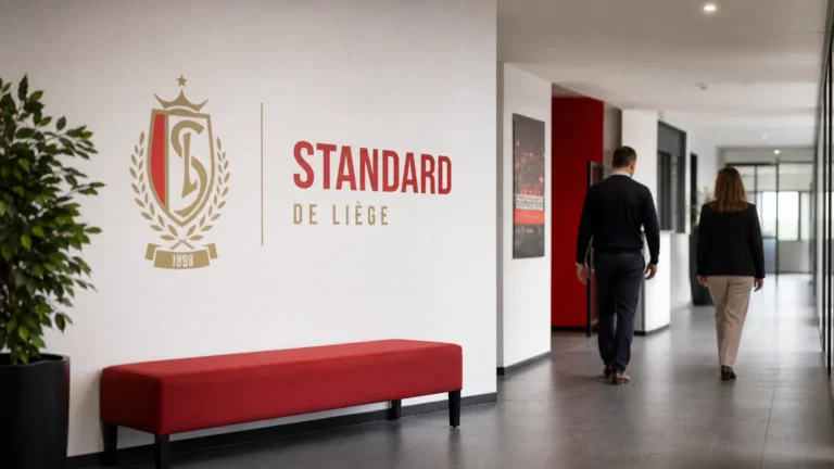Een gang in het clubgebouw van Standard met medewerkers op de achtergrond.