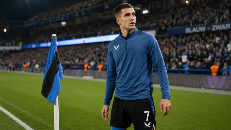 Nicolo Tresoldi van Club Brugge op het veld naast een hoekvlag tijdens de derby.