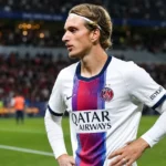 Mika Godts in het PSG-tenue op het veld na een wedstrijd.