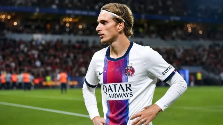 Mika Godts in het PSG-tenue op het veld na een wedstrijd.