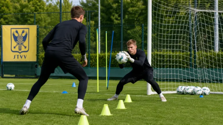 Doelmannen trainen aan een doel op het trainingscomplex van STVV.